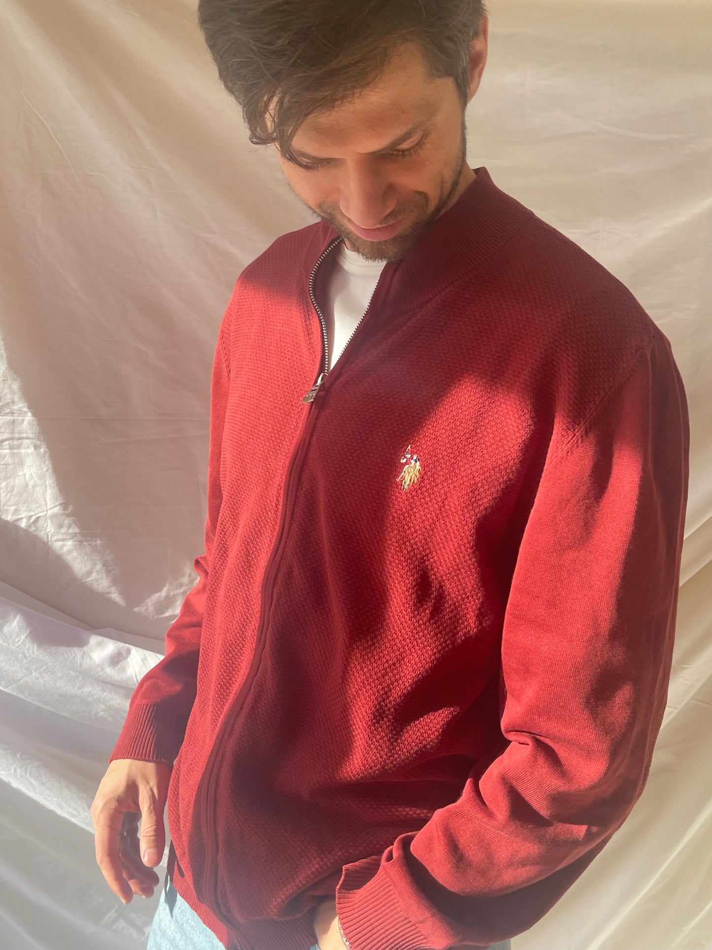 red US Polo cardigan with a zip