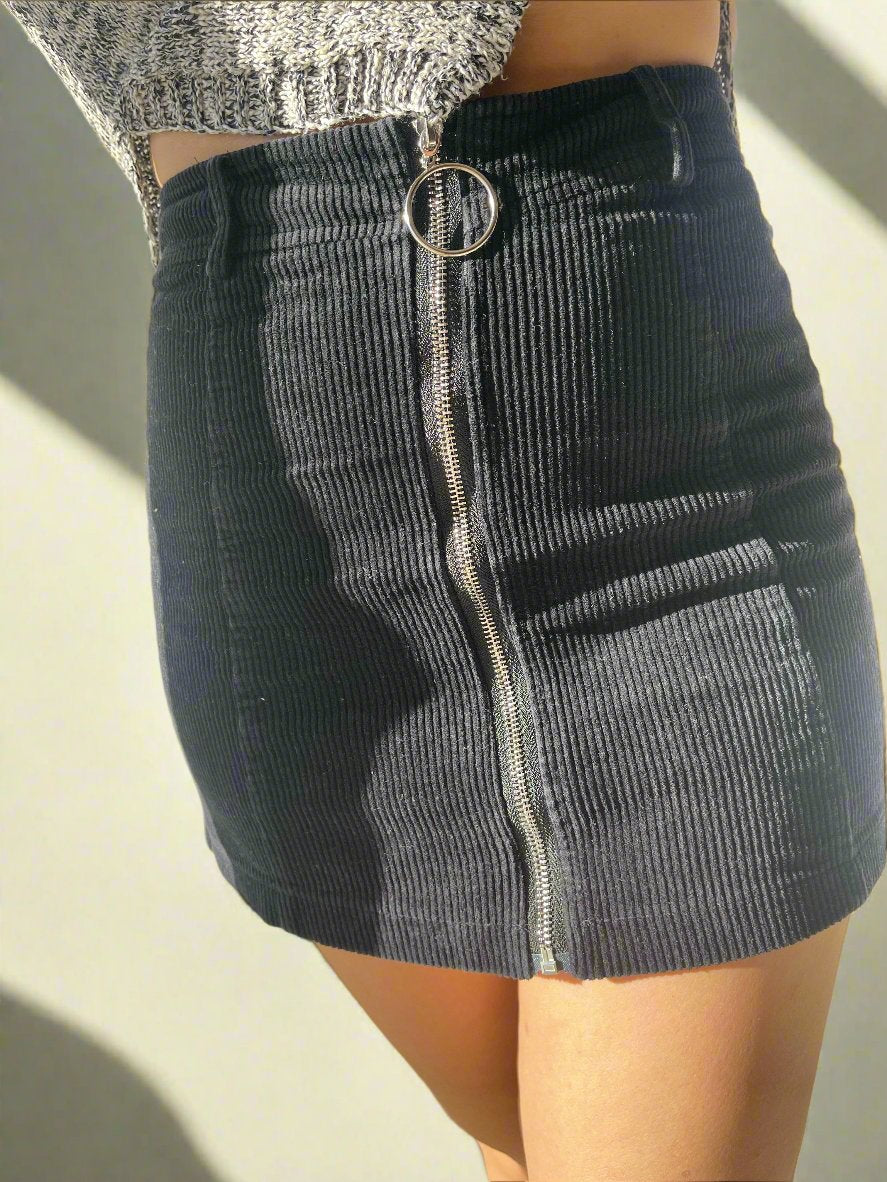 black corduroy mini skirt with zip