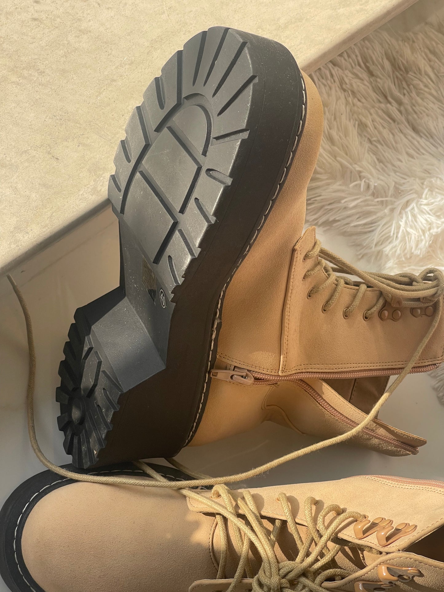 beige chunky combat boots by OFFICE