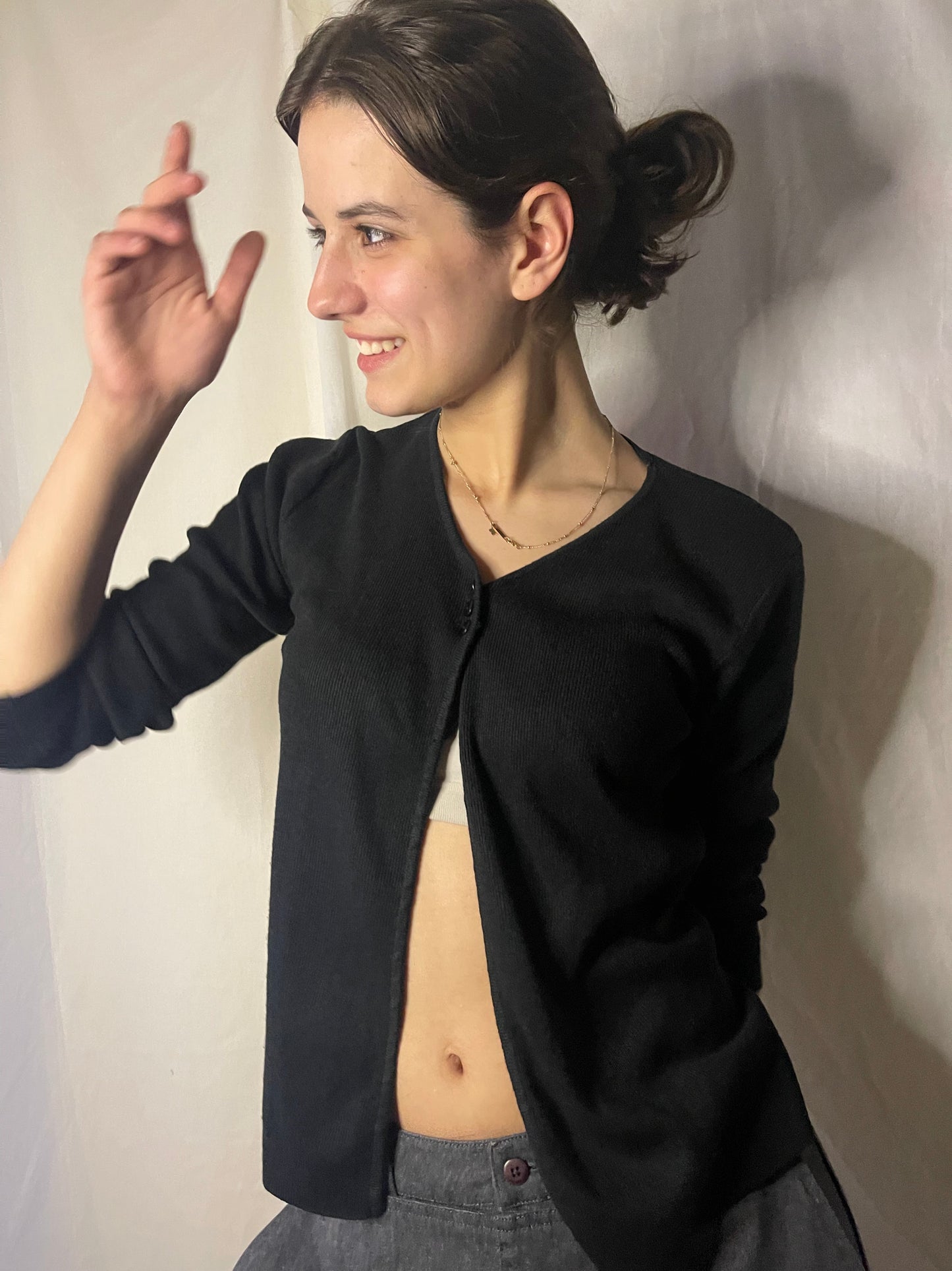 black open-front cardigan