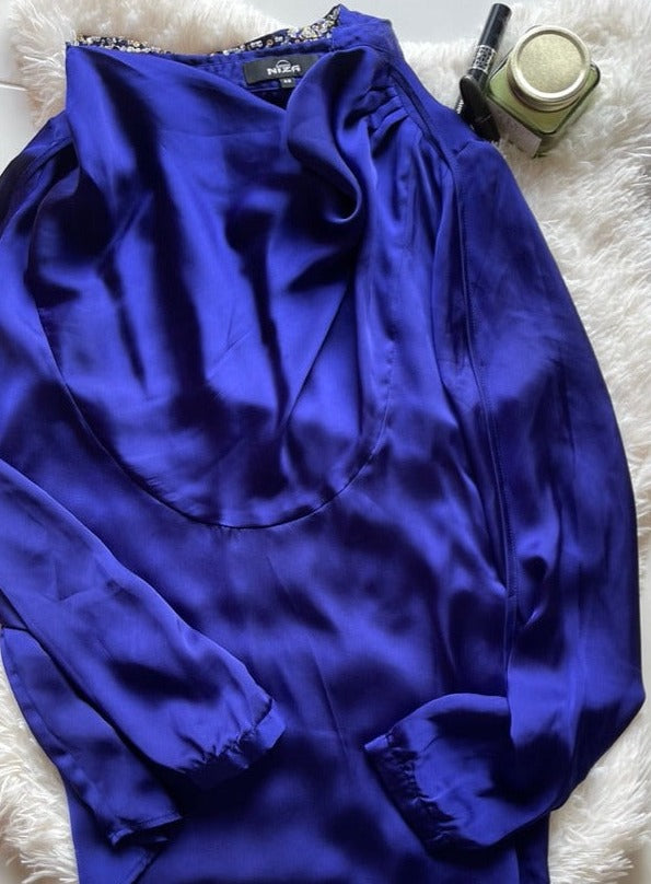 beautiful royal blue satin blouse with sequin collar