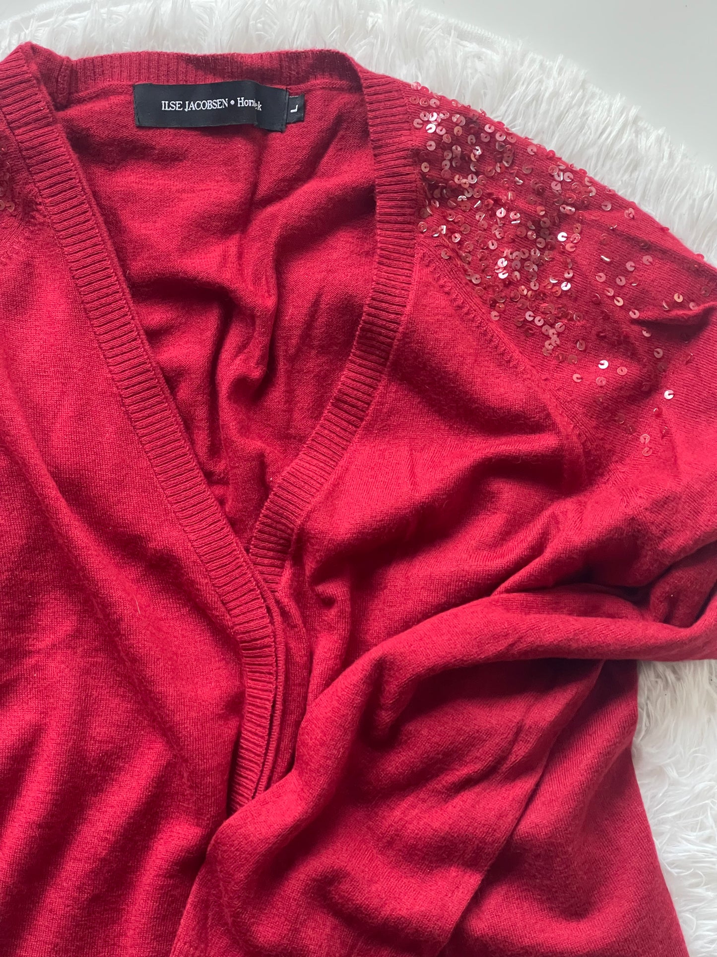 soft red cardigan with sequin effect by Ilse Jacobsen