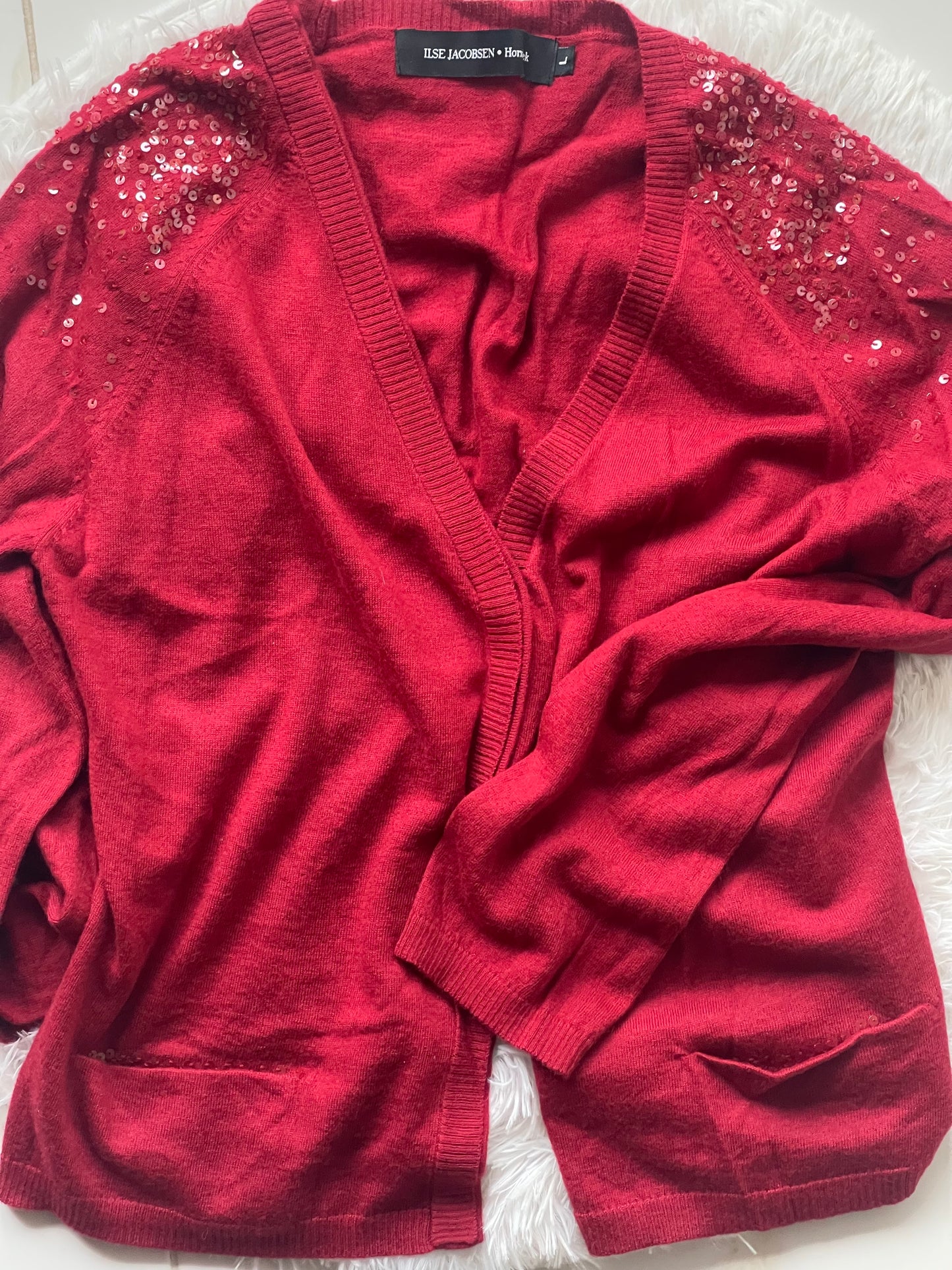 soft red cardigan with sequin effect by Ilse Jacobsen