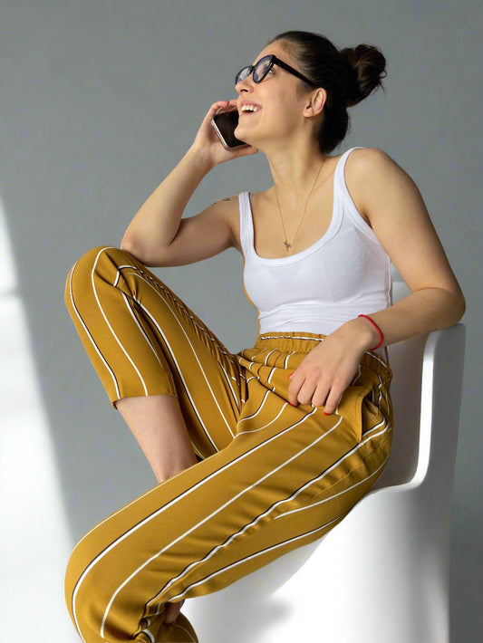 striped yellow office trousers by H&M