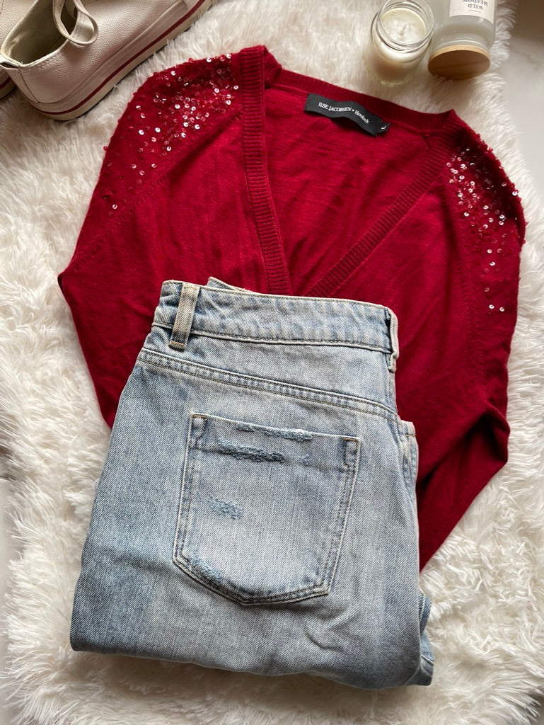 soft red cardigan with sequin effect by Ilse Jacobsen