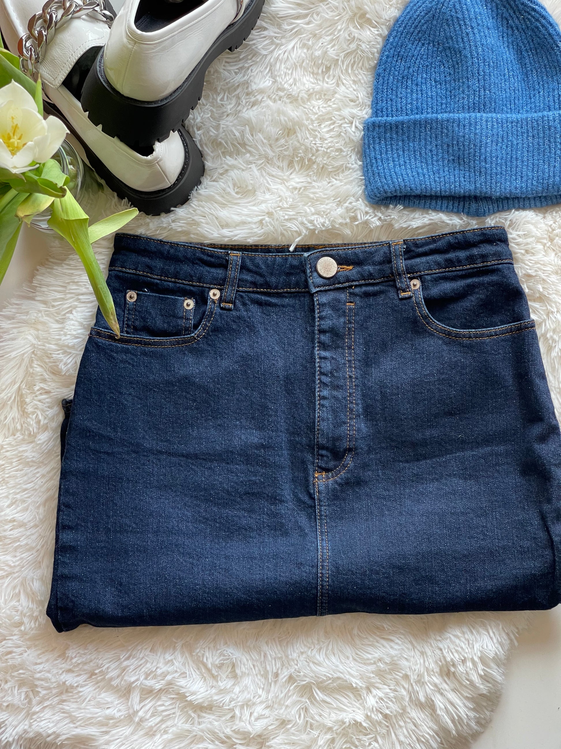 dark denim ASOS skirt, high waist